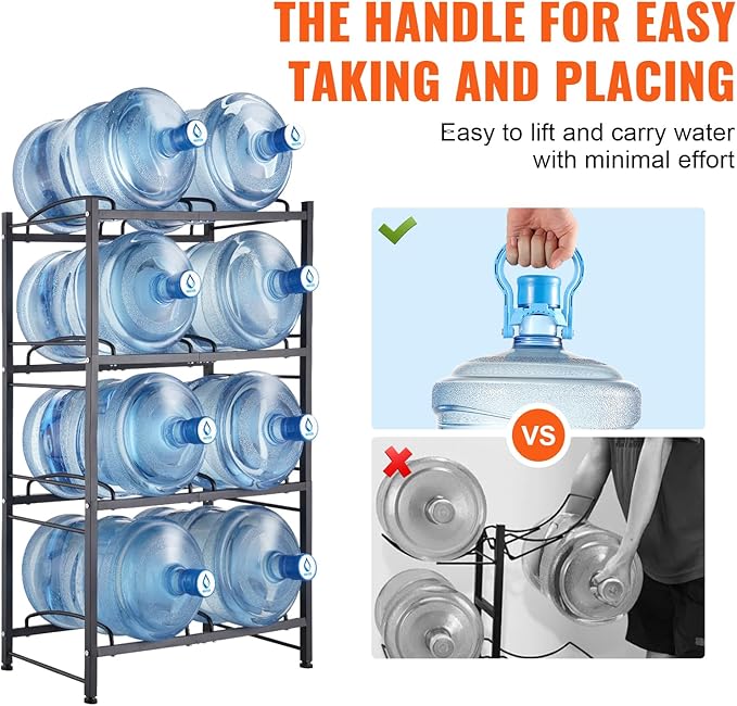 VEVOR 5 Gallon Water Jug Holder, 4 Tiers Double Row Heavy Duty Water Bottle Rack with 8 Slots, Detachable Water Jug Stand for Kitchen, Office, Living Room- Black