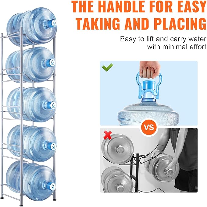 VEVOR 5 Gallon Water Jug Holder, 5 Tiers Water Bottle Holder, Heavy Duty Water Bottle Rack with 5 Slots, Detachable Water Jug Stand for Kitchen, Office, Living Room- Silver