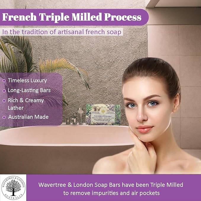 Wavertree & London Lavender Scented Natural Soap Bars (Pack of 2), 7oz Moisturizing French Triple Milled Soap Bars enriched with shea butter - Pure Plant Oil Bath & Body Bar for All Skin Types