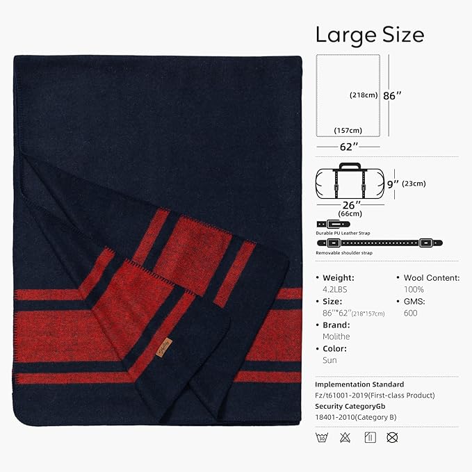 100% Wool Blanket, 62" x 86", Warm, Thick, Washable, Military Wool Blanket, Great for Camping, Outdoors, Sporting Events, Survival Kits