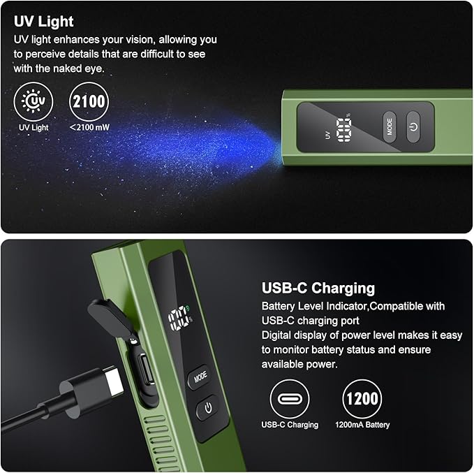 5 in 1 PRO EDC Flashlight Flat with Green Beam, UV Light, 800LM White Light LED Combo, Portable Pocket Flash Lights with Magnet for Outdoors Emergency and Work(Green)