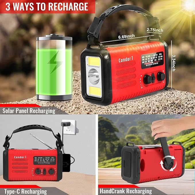 20000mAh / 74000mWh Emergency Radio, Solar Hand Crank Radio AM/FM/NOAA Weather Radio, Battery Powered with Cell Phone Charger, SOS Alarm, Flashlight & Reading Lamp (Red)