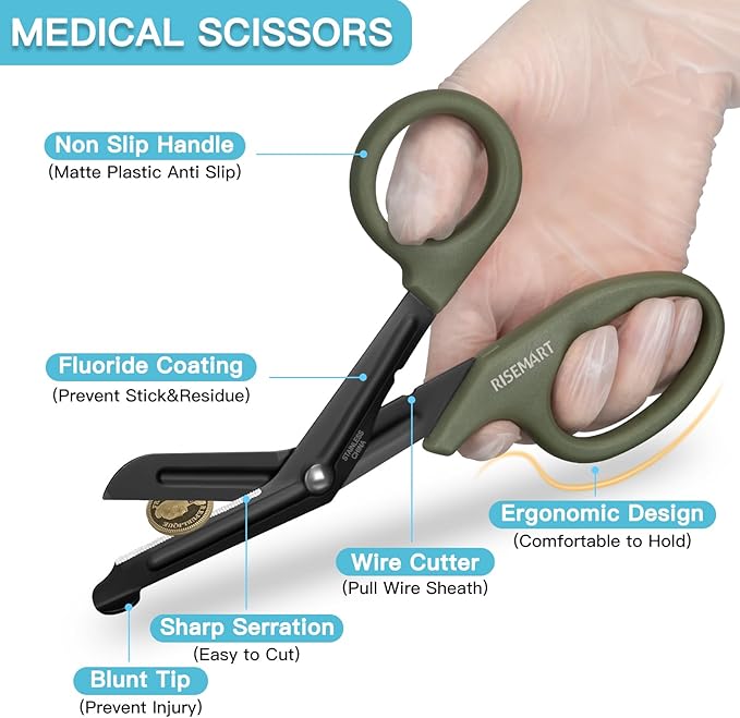 Trauma Shears - RISEMART Medical Scissors Bandage Scissors for Nurses, 7.5" Fluoride Coated Non-stick Blades Stainless Steel Nursing scissors for Doctor, Nurses, Nursing Students,EMS Black+Green