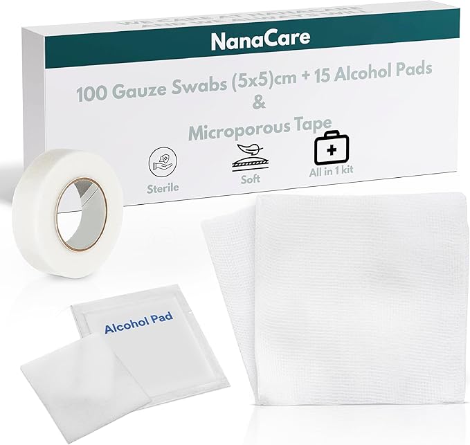 100 pc Large Gauze Pads Sterile for Wounds Bulk 2x2 | Includes 15 Alcohol Wipes & 1 Medical Tape | Non Stick Gauze Pads Sponges | Breathable Mesh First Aid Medical Supplies for Wound Care