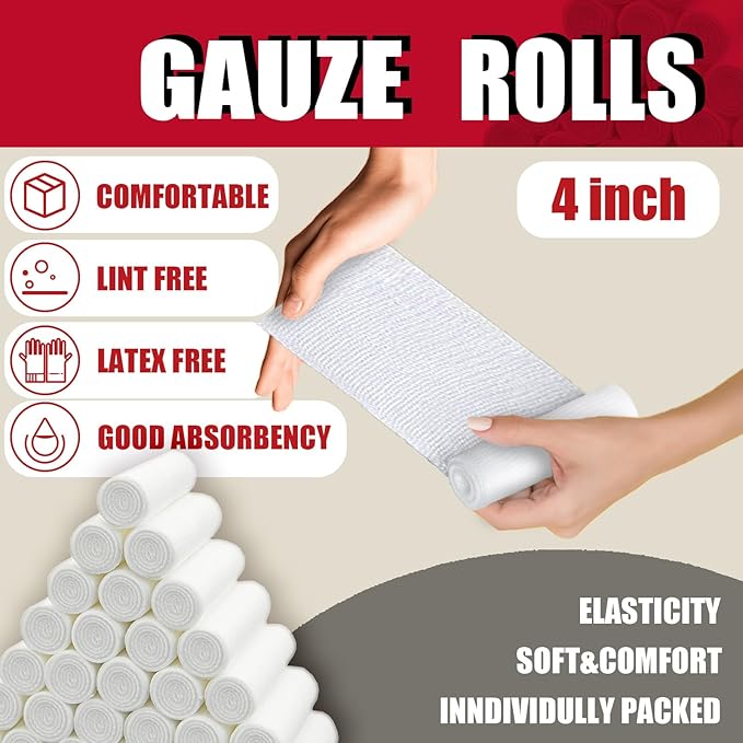 32 Pack Gauze Rolls Bandages 4 ” x 4.1 yd Premium Quality Lint and Latex-Free Conforming Stretch Designed for Effective Wound Care for Wound Dressing Support (Individually Packed)
