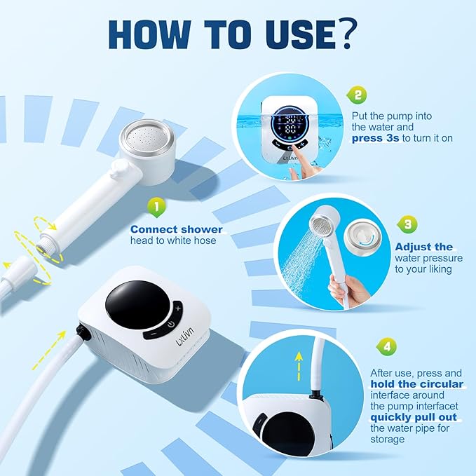 8000mAh Portable Shower, Rechargeable Camping Shower with Intelligent Led display, IPX8 Waterproof, 5-Speeds Control, 4 Spray Modes, Outdoor Shower for Camping, Car, Pet, Garden with Cooling Towel Set