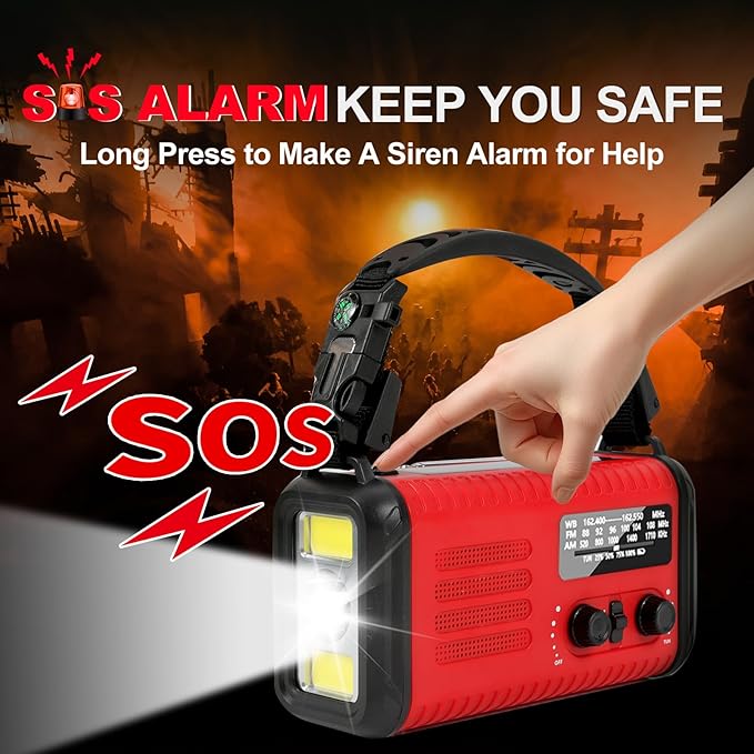 20000mAh/74000mWh Emergency Hand Crank Radio, NOAA Weather Radio with Am Fm NOAA, Solar Battery Operated Radios with Flashlight Cell Phone Charger, SOS Alarm, Compass &Reading lamp (Red)