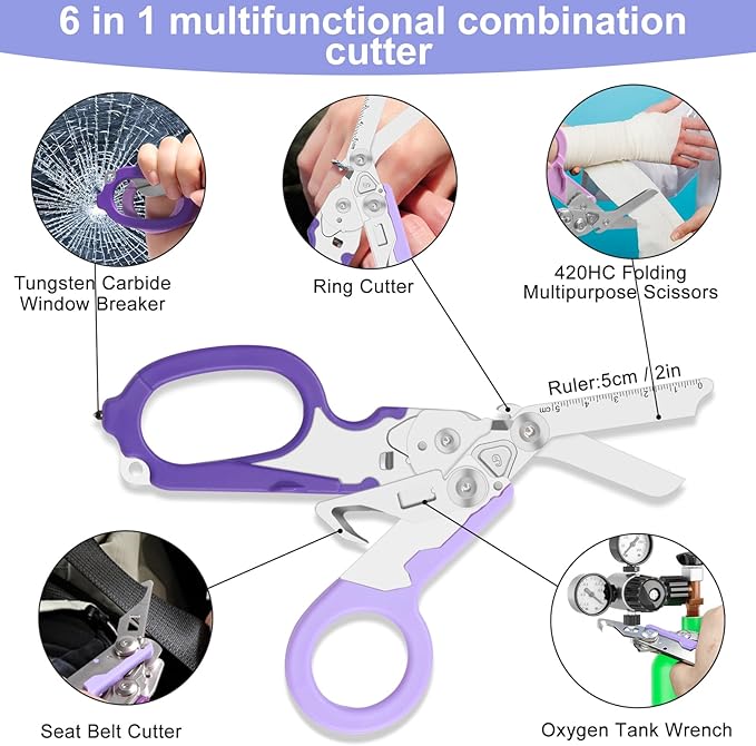 6-in-1 Heavy-Duty Emergency,trauma shears, Folding Retractable Emergency Shears, Outdoor Camping Tools, Seat Belt Cutter, Oxygen Cylinder Wrench, Complimentary Adjustable Wrench (Purple)