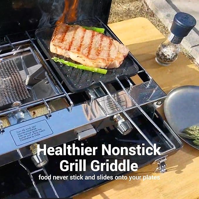 Camping Stove, 3 Burners Propane Portable Camp Stove with Regulator & Griddle, Push-Button Instant Ignition, Portable Camp Grill, Adjustable Burners for Camping Cooking (BLACK-20400 BTUs)