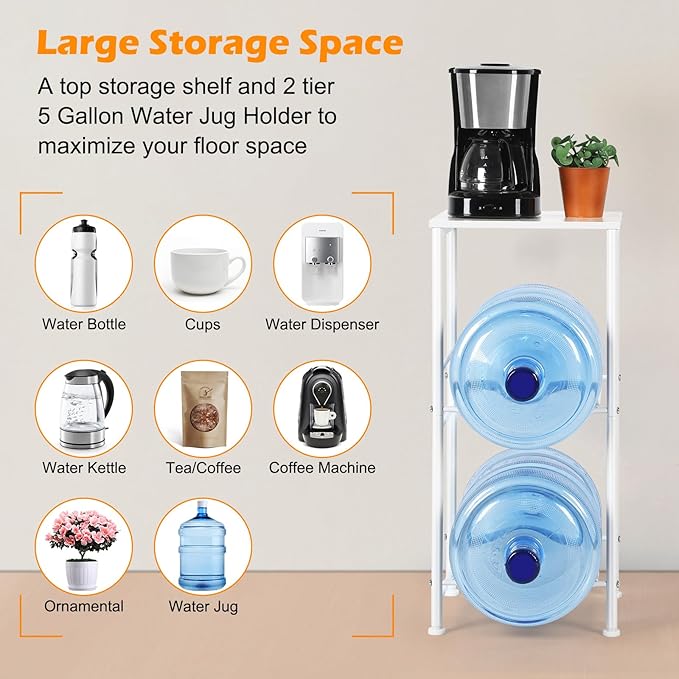 5 Gallon Water Jug Holder Water Dispenser Stand with Top Shelf, 5 Gal Water Bottle Holder with 2 Slots Round Metal Frame for Kitchen, Dining Room, Office, White