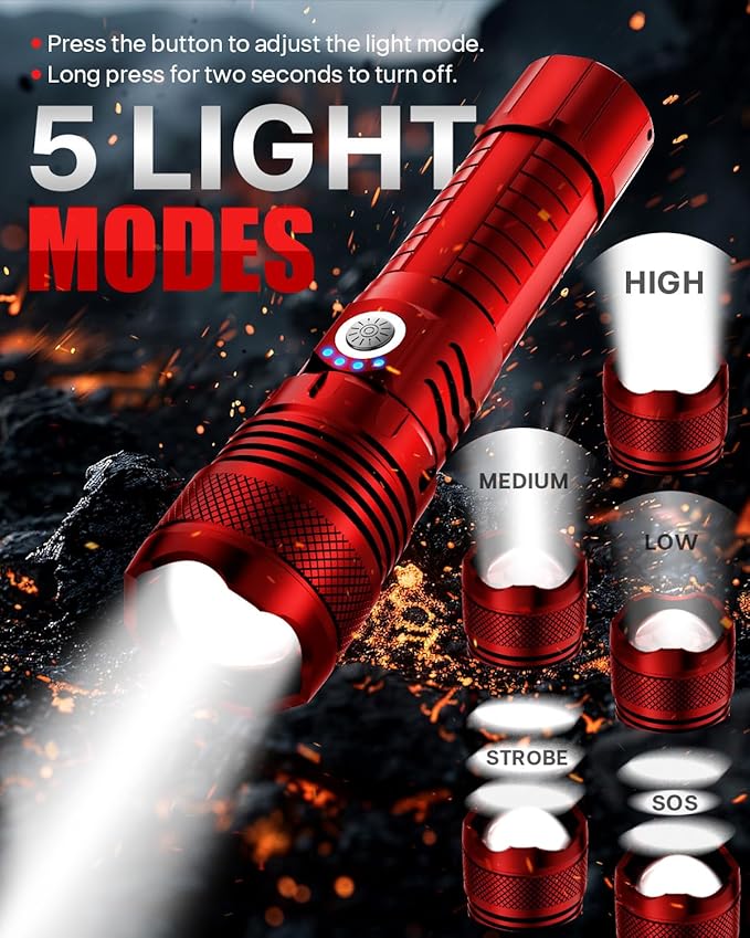 Victoper Red LED Flashlights, High Powered High Lumens Super Bright Tactical Flashlight, Rechargeable, 5 Modes Zoomable Waterproof Flash Lights for Emergency, Outdoor, Home, Camping, Hiking