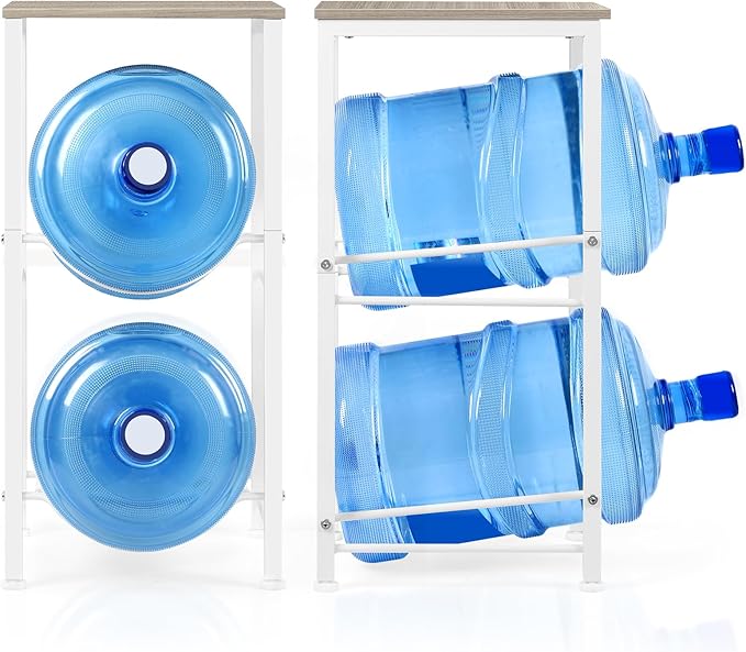 5 Gallon Water Bottle Holder Rack 2 Tier Water Jug Holder Stand with Storage Shelf, 2 Slots 5 Gal Water Cooler Jug Rack for Home, Office, Garage Organizer, Light Grey