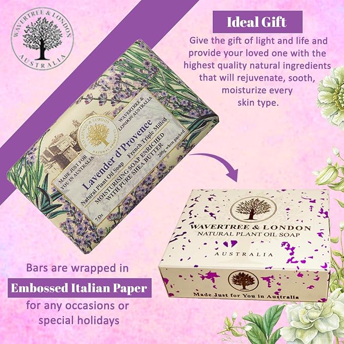 Wavertree & London Lavender Scented Natural Soap Bars (Pack of 2), 7oz Moisturizing French Triple Milled Soap Bars enriched with shea butter - Pure Plant Oil Bath & Body Bar for All Skin Types