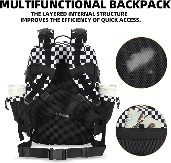 25L Tactical Military Backpack Small Travel Rucksack for Men and Women Assault Pack Bug Out Bag Molle Daypack Gym Backpack with Bottle Holder (Black White Checkered)