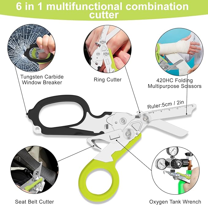 6 in 1 Multifunctional Combination Tool, Folding Retractable Emergency Shears, Outdoor Camping Tools, Seat Belt Cutter, Oxygen Cylinder Wrench, Complimentary Adjustable Wrench (dark green)