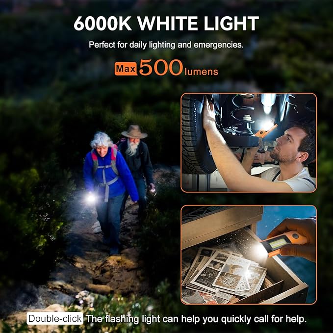 3IN1 EDC Pocket LED Flat Flashlight, USB-C Rechargeable 500 Lumens Compact Bright Handheld Flash Lights, Aluminum Alloy Material with Magnet for Hiking Work and Emergency (Orange)