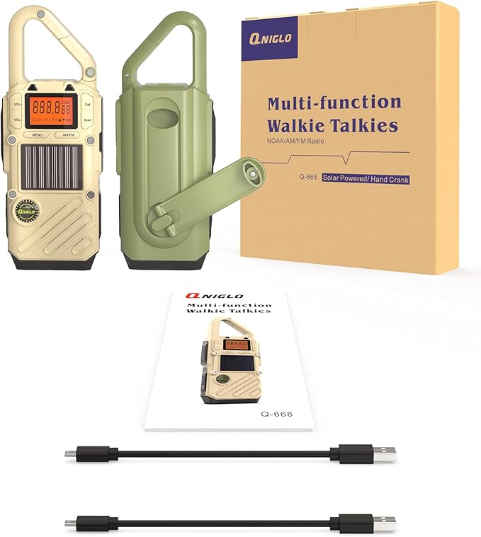 Walkie Talkies for Adults Rechargeable, FM/NOAA Emergency Radios with Weather Alerts, LED Flashlight & SOS Alarm, Solar Powered Hand Crank(GreenWhite)