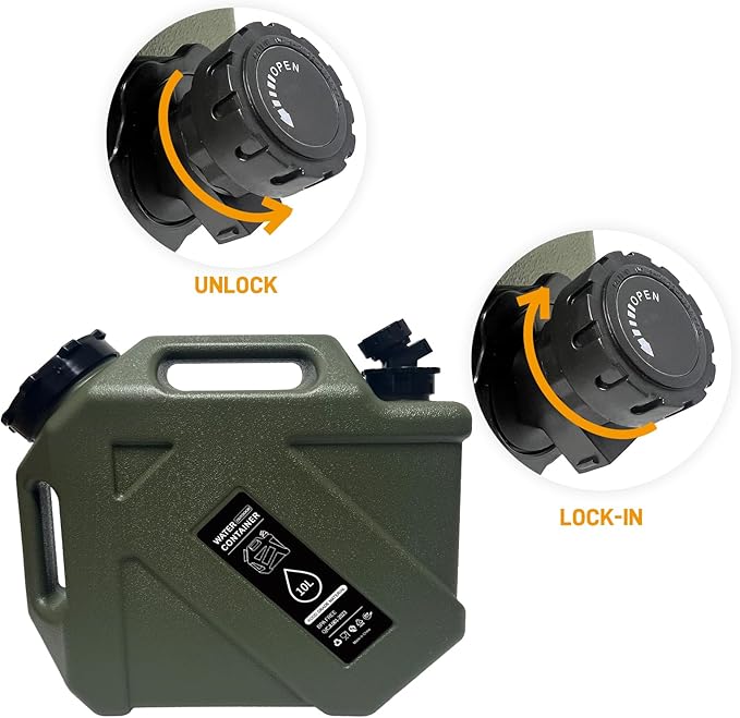 2.6 Gallon Camping Water Container with Spigot, Portable Water Jug BPA Free Water Tank, Military Green Emergency Water Storage Can for Outdoor Hiking Camping Picnic RV (10L)