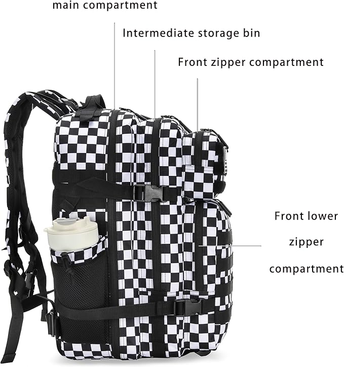 45L Tactical Assault Backpack 3 day assault pack with Molle Waterproof backpack Rucksack for Tactical Backpacks (Black and white check)