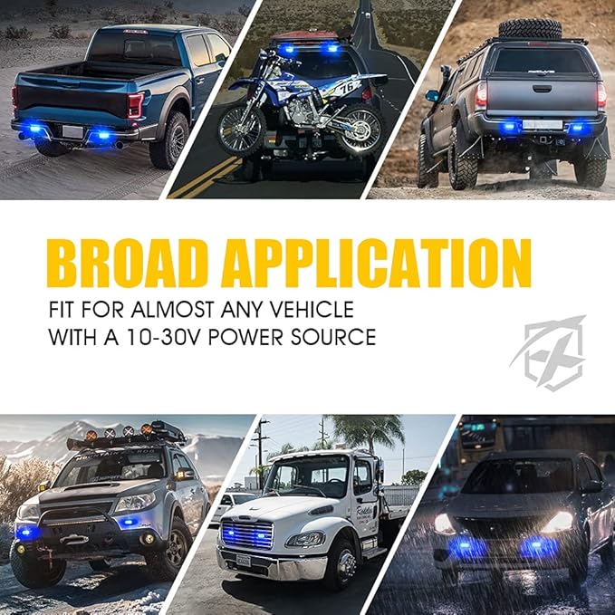 Xprite Blue LED Emergency Strobe Lights Kit, Surface Flush Mount Grill Grille Hazard Warning Safty Flashing Police Light for Volunteer Vehicles Off-Road Trucks Cars SUV ATV UTV Motorcycle - 4PCS