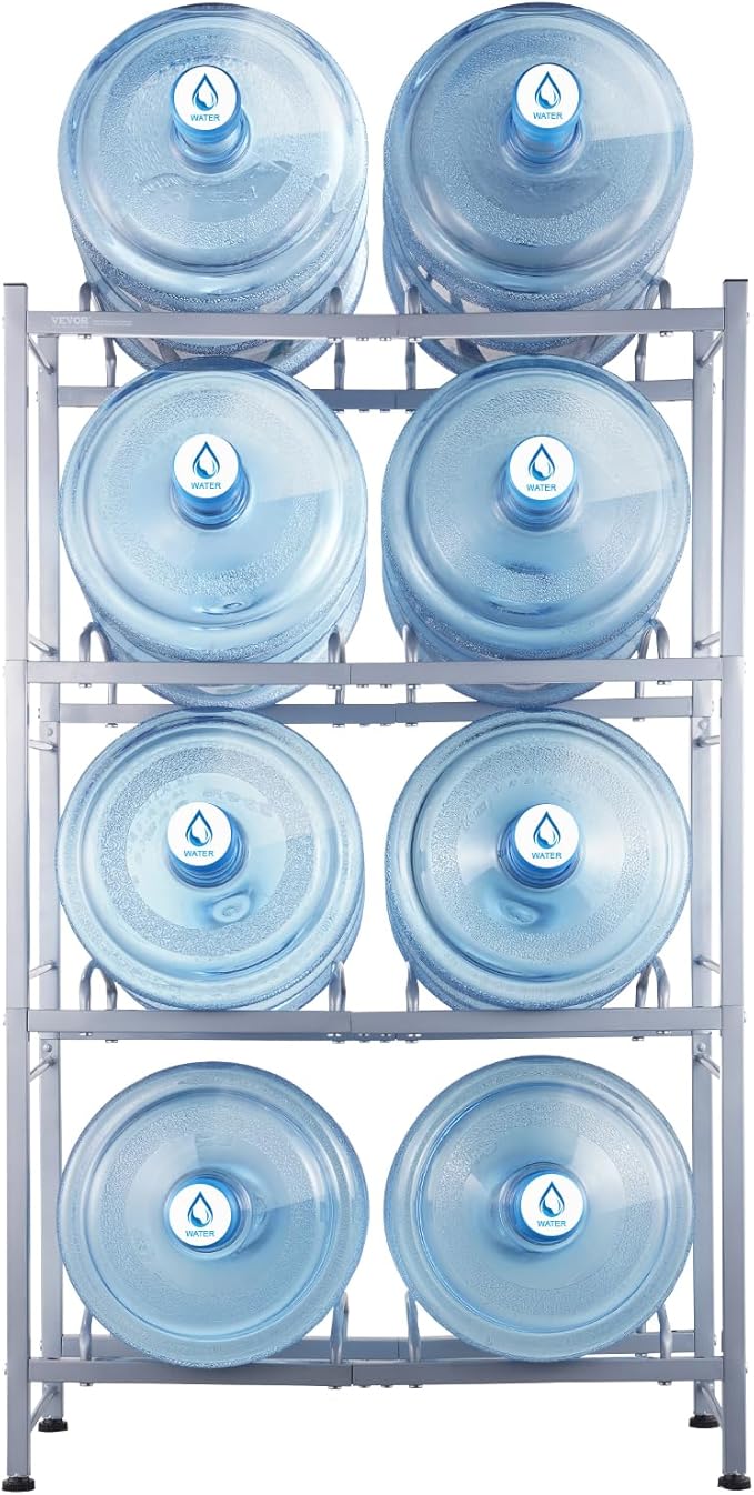 VEVOR 5 Gallon Water Jug Holder, 4 Tiers Double Row Heavy Duty Water Bottle Rack with 8 Slots, Detachable Water Jug Stand for Kitchen, Office, Living Room- Silver
