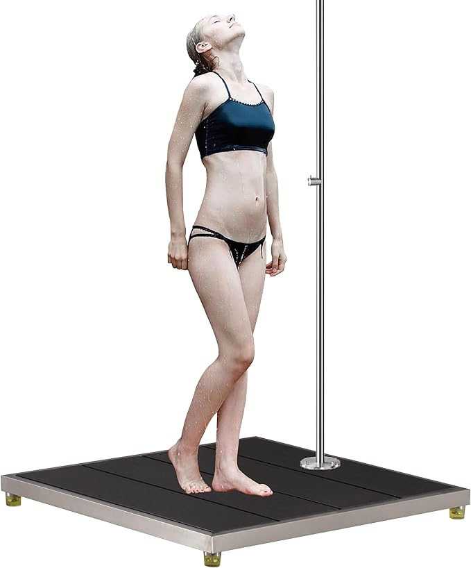 33 * 30" Plastic Wood with Stainless Steel Frame Dark Grey Outdoor Shower Stand Platform, Mount Outdoor Shower Without Using Concrete&Without Calling Plumber, Make Outdoor Shower Movable