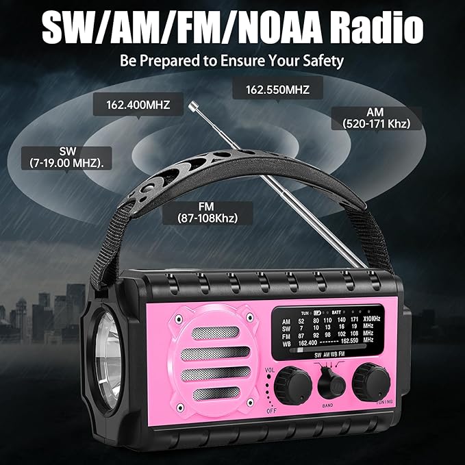 74000mWh Emergency Radio with NOAA Weather, Portable Hand Crank SW/AM/FM Survival Radio with Fast Charge Rechargeable Solar Battery, Flashlight, Reading Lamp,SOS Sirenor Home Outdoor(Pink)