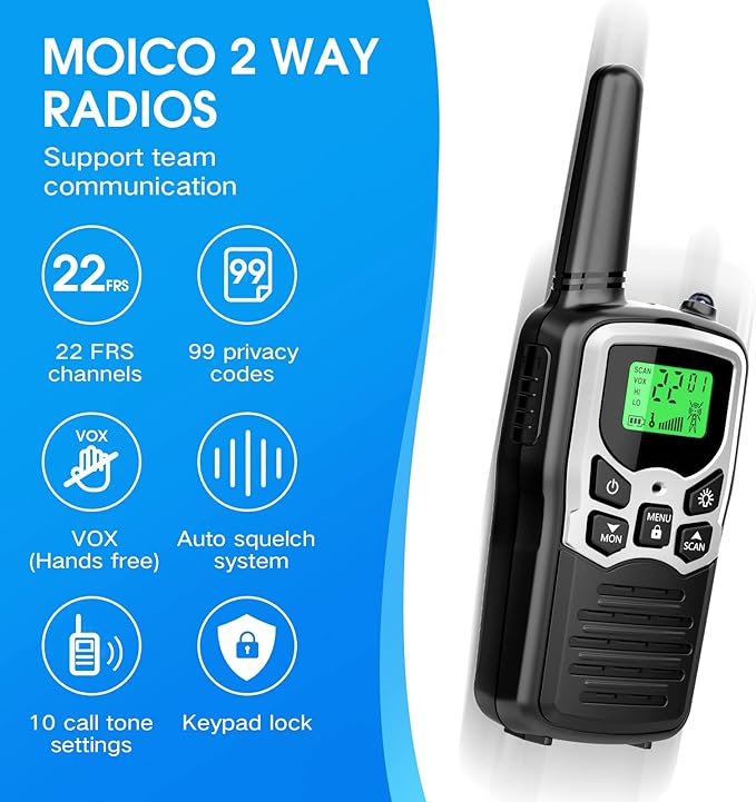 Walkie Talkies with 22 FRS Channels, MOICO Walkie Talkies for Adults with LED Flashlight VOX Scan LCD Display, Long Range Family, Radios for Hiking Camping Trip (Silver, 4 Pack)