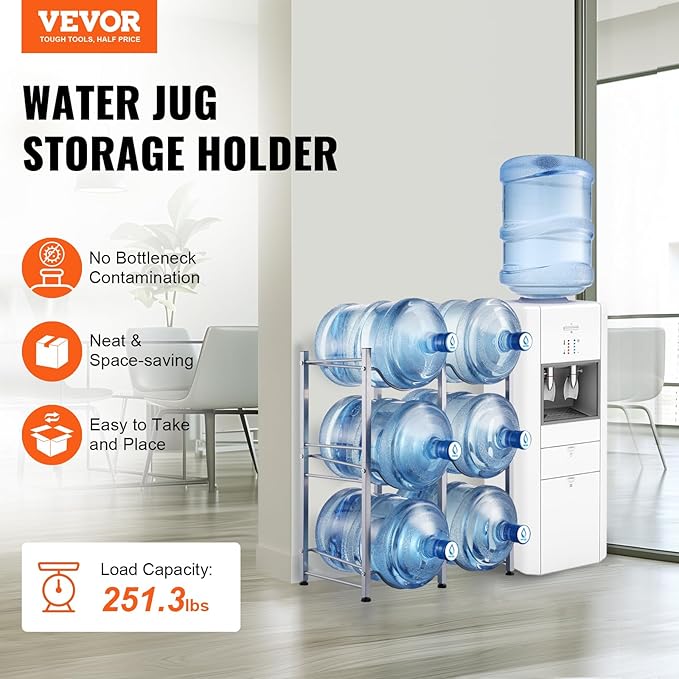 VEVOR 5 Gallon Water Jug Holder, 3 Tiers Double Row Heavy Duty Water Bottle Rack with 6 Slots, Detachable Water Jug Stand for Kitchen, Office, Living Room- Silver