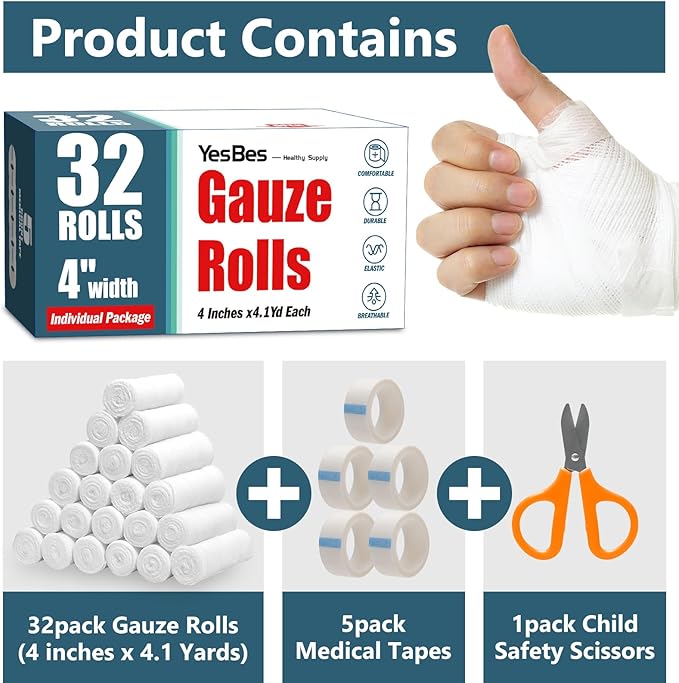 32 Pack Gauze Rolls, 4 in x 4.1 Yards, Premium Gauze Wrap Roll for Wounds, Bandage Wrap Rolled Gauzes, Mummy Wraps, Individually Wrapped