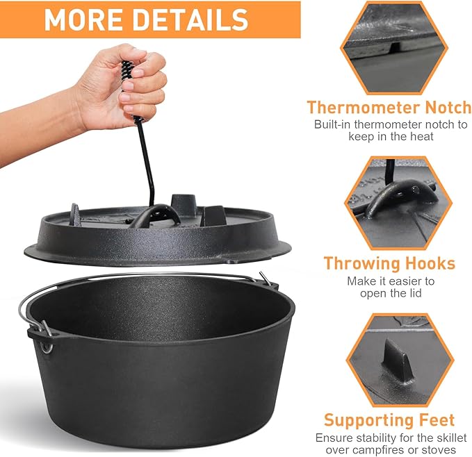 Camping Dutch Oven, 9 Qt Pre-Seasoned Camping Cookware Pot with Lid - Lid Lifter, Cast Iron Dutch Oven with Metal Handle for Cooking BBQ Baking Campfire Modern Black