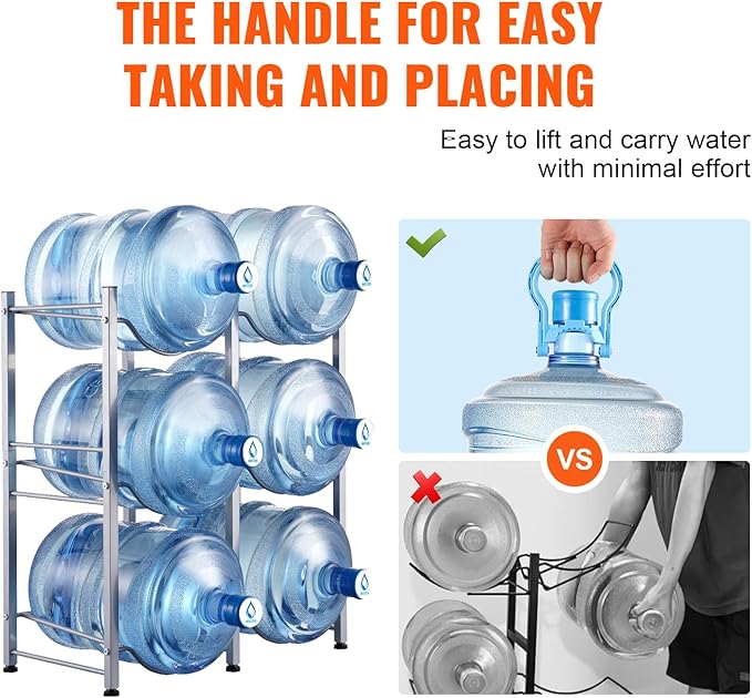 VEVOR 5 Gallon Water Jug Holder, 3 Tiers Double Row Heavy Duty Water Bottle Rack with 6 Slots, Detachable Water Jug Stand for Kitchen, Office, Living Room- Silver