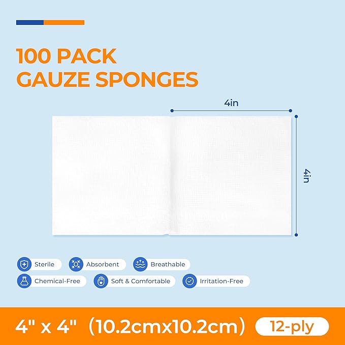 100 Pack Sterile Gauze Pads 4x4 Inch 12-Ply, 100% Cotton Large Gauze Sponges for Wound Care, Highly Absorbent Bulk Hospital-Grade First Aid & Surgical Dressing