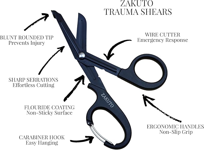 Trauma Shears 2-Pack, 7.5" Stainless Steel Medical Scissors with Fluoride-Coated Non-Stick Blades & Carabiner, Heavy Duty EMT Shears for Nurses, Doctors, EMS, First Aid, Black
