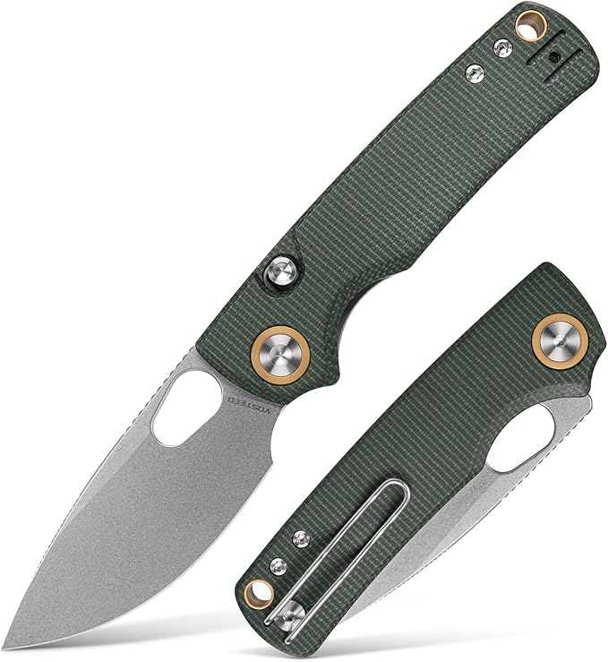 Vosteed EDC Knife, 2.99" 14C28N Steel Wider Blade, Green Micarta Handle Top Liner Lock, Folding Pocket Knives with Clip for Men & Women, Survival Camping - Porcupine A2603