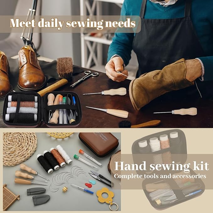 Yizzvb Heavy Duty Sewing Kit, Upholstery Thread Kit with Nylon Thread, Hand Sewing Needles, Sewing Awl, Upholstery Tools and Supplies for Carpets, Canvas, Sofa and Leather, Sewing Kit for Adults