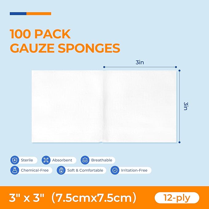 100 Pack Sterile Gauze Pads 3x3 Inch 12-Ply, 100% Cotton Large Gauze Sponges for Wound Care, Highly Absorbent Bulk Hospital-Grade First Aid & Surgical Dressing