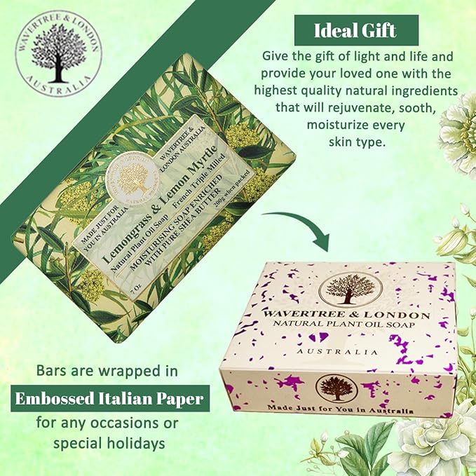 Wavertree & London Lemongrass & Lemon Myrtle Scented Natural Soap (2 Bars), 7oz Moisturizing French Triple Milled Soap Bars enriched with shea butter - Pure Plant Oil Bath & Body Soap Bars