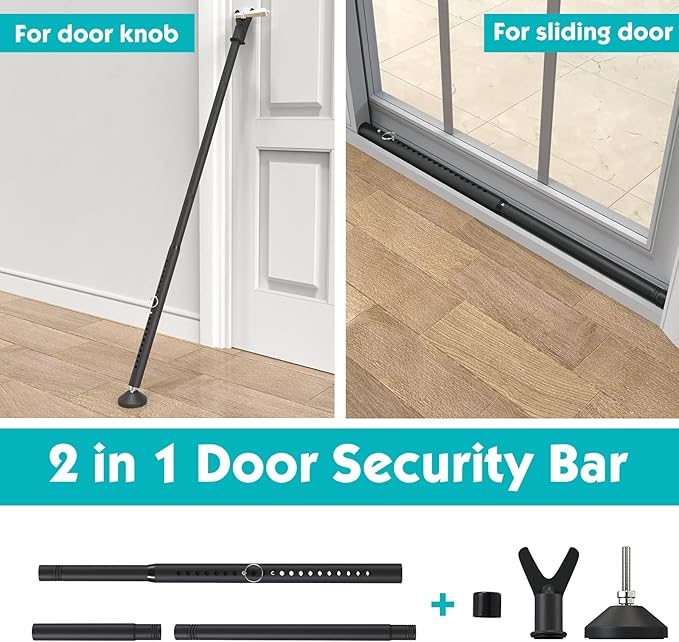 2Pack Door Security Bar for Hinged Sliding Doors and Windows,19 to 52 Inch Adjustable 3 in 1 Door Security Barricade Security Bar, Portable Home Security Door Stopper