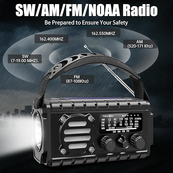 20000mah Hand Crank Emergency Radio,SW/NOAA/AM/FM Weather Radio, Solar Powered Hand Crank Chager with Bige Batery Powered,Portable,Cellphone Charge,SOS,Flashlight for Emergency/Home (Black)