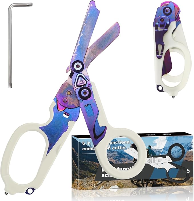 6 in 1 trauma shears, folding emergency shear, Outdoor Camping Tools, Seat Belt Cutter, Oxygen Cylinder Wrench, Complimentary Adjustable Wrench (Luminous Purple)