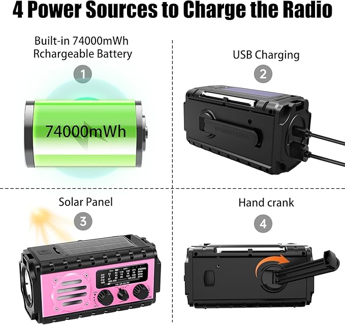 74000mWh Emergency Radio with NOAA Weather, Portable Hand Crank SW/AM/FM Survival Radio with Fast Charge Rechargeable Solar Battery, Flashlight, Reading Lamp,SOS Sirenor Home Outdoor(Pink)