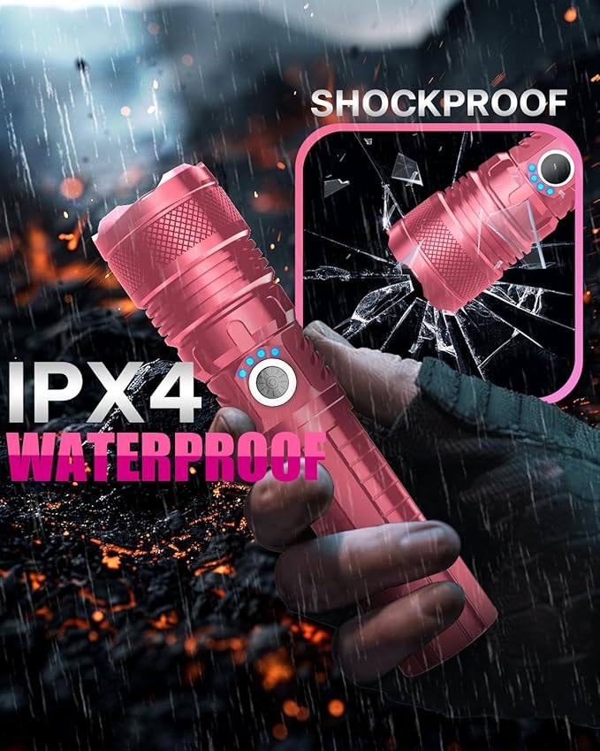 Victoper Pink LED Flashlights, High Powered High Lumens Super Bright Tactical Flashlight, Rechargeable, 5 Modes Zoomable Waterproof Flash Lights for Emergency, Home, Camping, Hiking