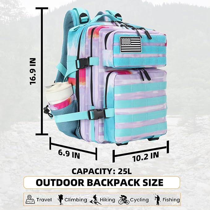 25L Tactical Military Backpack Small Travel Backpack for Men and Women Assault Pack Bug Out Bag Molle Daypack Gym Backpack with Bottle Holder (Rainbow Tie Dye)