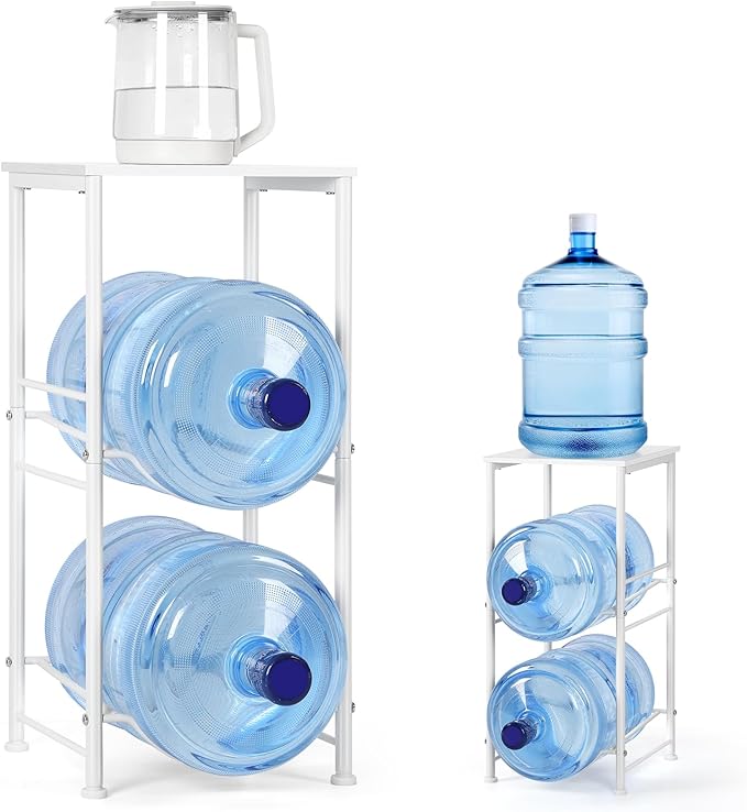 5 Gallon Water Jug Holder Water Dispenser Stand with Top Shelf, 5 Gal Water Bottle Holder with 2 Slots Round Metal Frame for Kitchen, Dining Room, Office, White