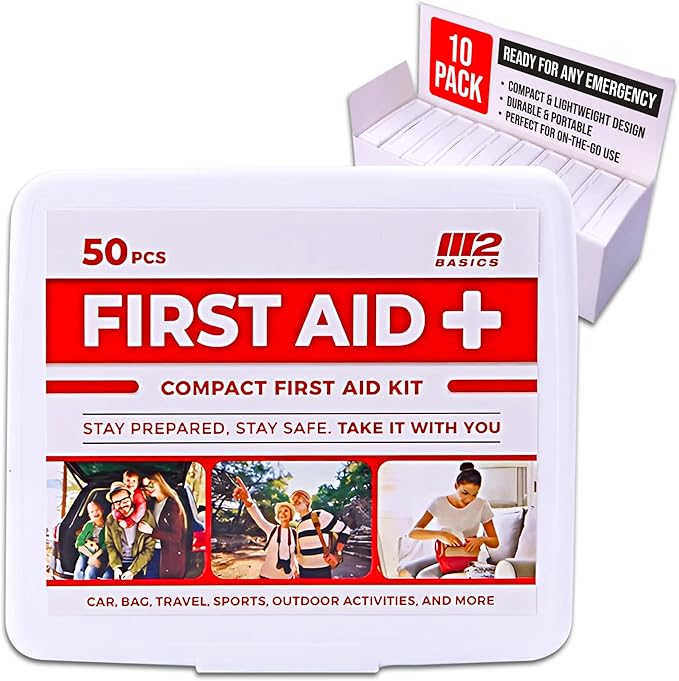 Bulk 10-Pack Mini First Aid Kit Bundle (500 Pieces Total, 50 Pieces Per Kit) – M2 BASICS First Aid Kits for Car, Vehicles, Travel, Home, Charity, Donations – Compact Emergency Medical Supplies