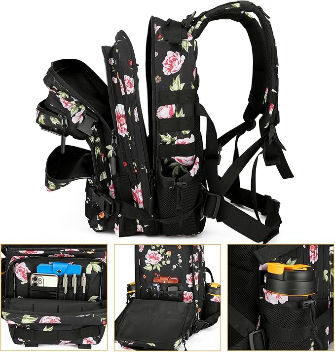 25L Tactical Military Backpack Small Travel Rucksack for Men and Women Assault Pack Bug Out Bag Molle Daypack Gym Backpack with Bottle Holder (Peony)