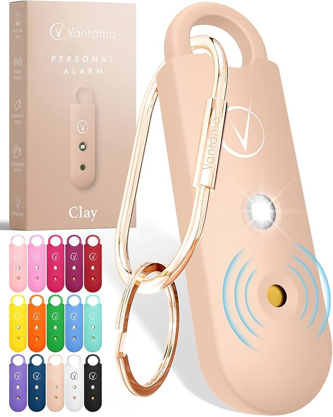 Vantamo Personal Alarm for Self Defense with Low Battery Notice, Strobe Light & Extra Loud 130 dB Double Speakers Safety Keychain Set for Women, Rechargeable Panic Button for Womens Self Defense