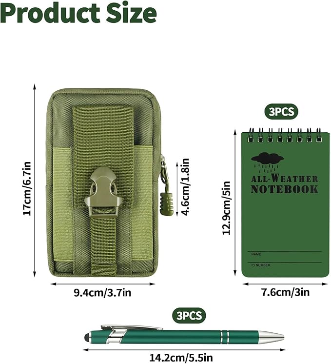 7 Piece Waterproof Notebook, 3 X 5 Inch waterproof notebook and pen with Waterproof Multi Functional Waist Pack for Outdoor Activities Recording (Army Green)