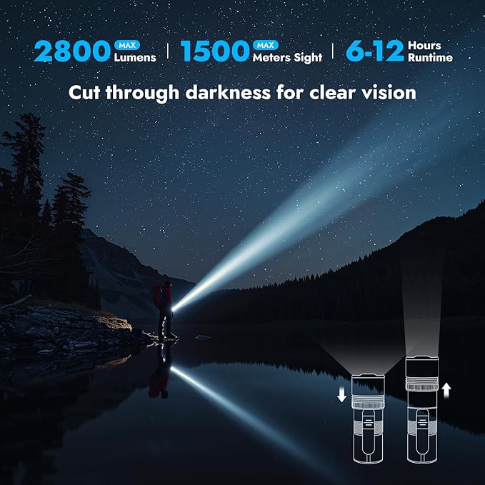 WARSUN SP07S Rechargeable LED Flashlight High Lumens – 2800 Lumens Zoomable Spotlight, Warm Side Light, 7 Modes Including Cool White, Warm, Red, 6000mAh Battery, Power Display, for Camping